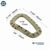 Tan ITW Tac Link Carabiner on a white background, featuring a blue Hudson logo.

