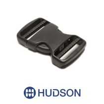 Black Basic Side Release Buckle 1-1/2" DLL on a white background, featuring a blue Hudson logo.